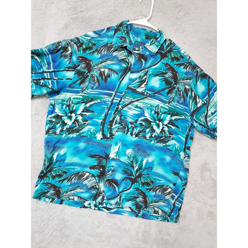 Vintage Jams World Shirt Mens Large Hawaiian Tropical Palm Tree Rayon Blue M